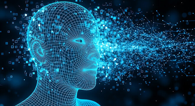 Digital human head with glowing blue data particles and network lines on a black background
