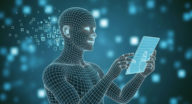 Digital human robot figure using a tablet with glowing blue data particles and network connections