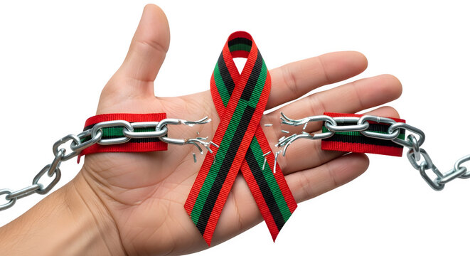 A hand holds a red and green ribbon broken free from metal chains.