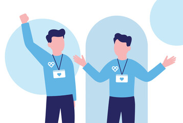 Obraz premium Two dedicated volunteer team members wearing blue shirts with heart logos and ID badges, gesturing to welcome others.