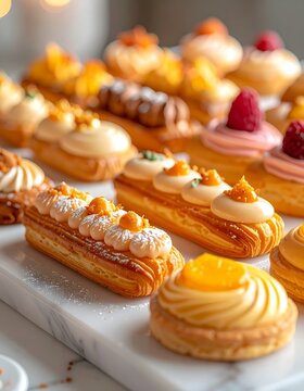 Assorted sweet pastries on a white marble cutting board