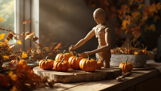 Carved figure placing pumpkins on a cutting board inside during fall.