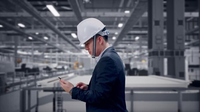 Side View of Asian Businessman Use Smartphone While Walking at Modern Solar Panel Manufacturing Factory with Automated Robotic Assembly Line