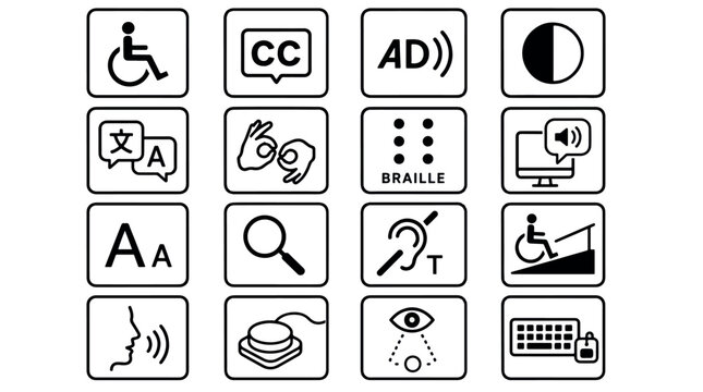 Collection of accessibility icons representing various needs including mobility, hearing, visual,.