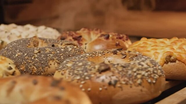 Freshly baked assorted bagels with various toppings cooling on a wooden rack in a bakery kitchen