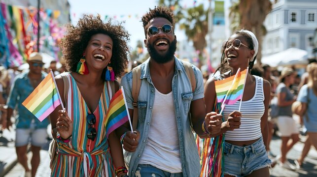 Three diverse cheerful friends walking together holding small rainbow flags at a festival