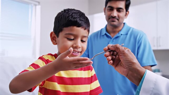 doctor offers spoon of medicine to young boy while father stands behind, pediatric care and child treatment concept in clinical environment with supportive family presence