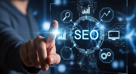 Fototapeta premium Business person touching digital screen with search engine optimization seo interface icons and data growth charts