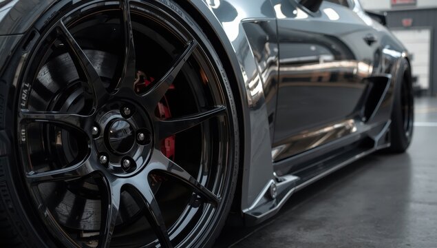 Close-up of a modified car wheel designed for drifting.