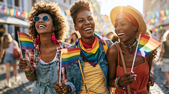 Three diverse cheerful friends walking together holding small rainbow flags at a festival