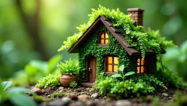 Miniature green house with lush ferns and ivy, surrounded by terracotta pots, indoor plants, foliage, terracotta pots