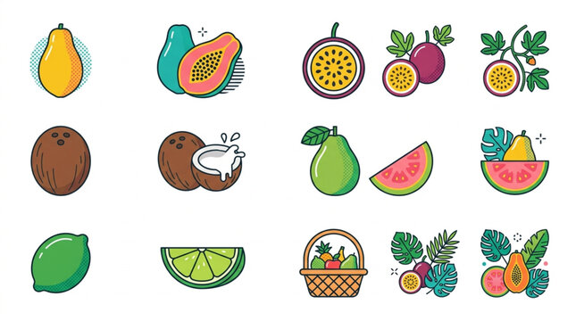 Assortment of Tropical Fruits Illustrated in a Flat Design Style.
