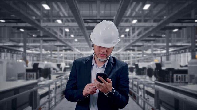 Front View of Asian Businessman Use Smartphone While Walking at Modern Solar Panel Manufacturing Factory with Automated Robotic Assembly Line