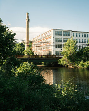 Old industrial building along the Mill River in Florence, Northampton, Massachusetts