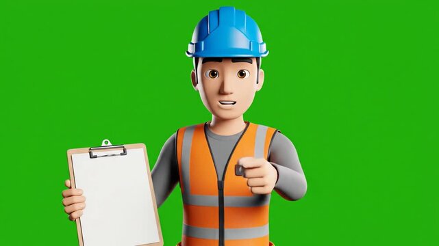3D Construction Worker Green Screen Holding Clipboard with Thumbs Up