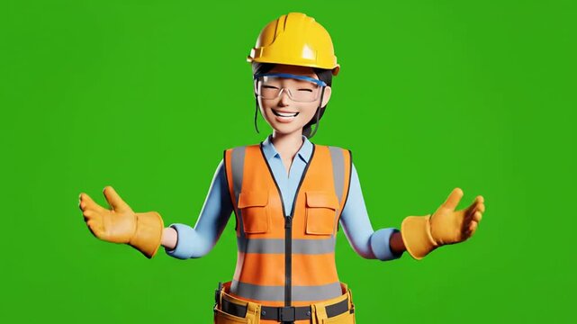 3D Female Construction Worker Waving and Presenting on Green Screen