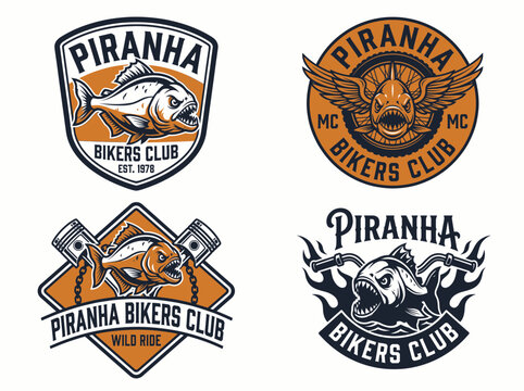 Set of vintage piranha biker club emblems, logos, badges and labels