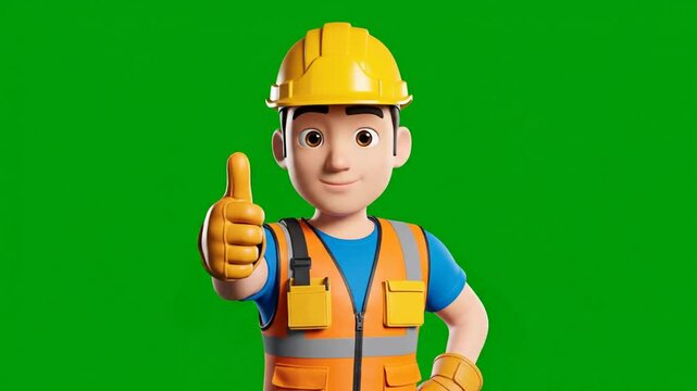 Animated Construction Worker Green Screen 3D Thumbs Up & Wave