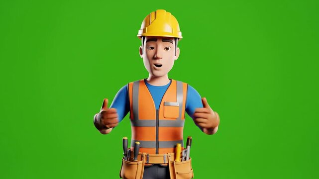 3D Construction Worker Gesturing Green Screen - Ready for Chroma Key