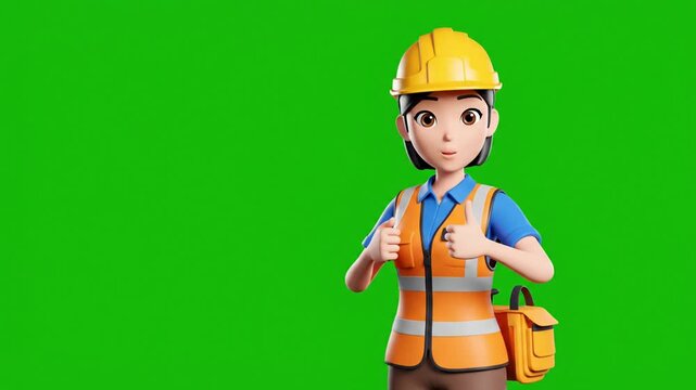 Animated Construction Worker Woman Waving and Pointing on Green Screen