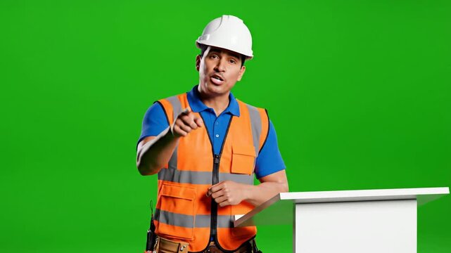 Construction Worker Green Screen 3D Presentation Talking Gesturing White Podium