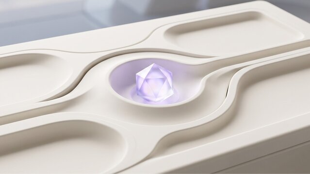 Neumorphic intelligence console with sweeping asymmetrical valleys and violet light