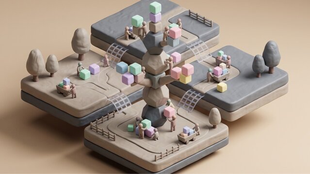 Soft isometric 3D singularity diorama with layered greige clay terraces and a geometric tree