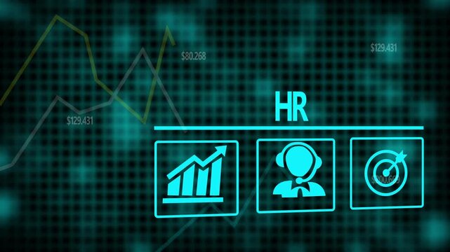 A HR business concept on a flashing computer monitor with moving graphs and data.