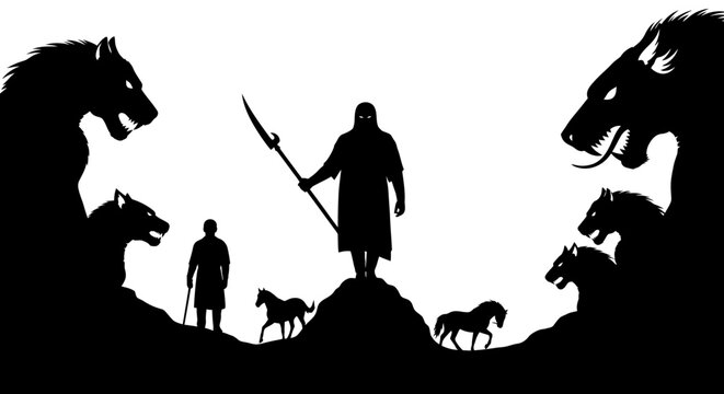 Epic ancient warrior with spear, standing on a mound amidst monstrous beasts and small horses, dark fantasy silhouette illustration, mythical struggle scene