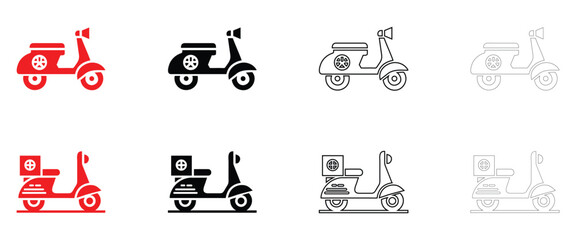 Obraz premium Pizza delivery scooter icon vector, pizza fast food delivery supply symbol vector, silhouette and line art illustration