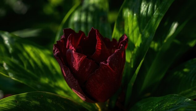 Intimate closeup of a dark red bloom from the gold dust plant, Aucuba japonica.
