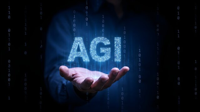 Hand presenting glowing agi hologram with binary code background