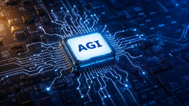 Close up of agi microchip on illuminated circuit board
