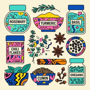 Colorful Spice Jars and Bowls with Herbs and Spices