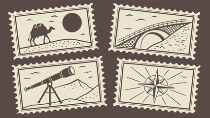 Set of four vintage postage stamps showcasing travel and exploration themes with adventure telescope exploration © Geto