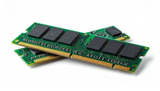 白背景に重ねて置かれた2枚のメモリモジュールのクローズアップ