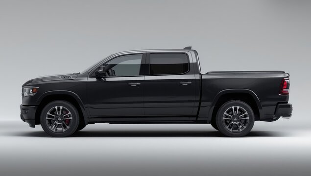 Isolated side view of a black or dark gray pickup truck on a white background.