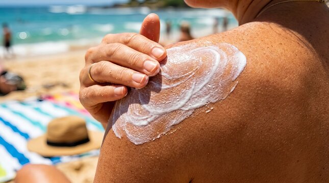 Woman Applying Sunscreen Lotion to Her Shoulder on the Beach.
