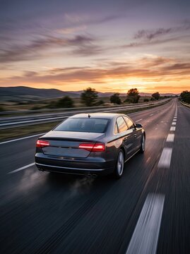 A gray Audi A8 sedan speeds down a highway at sunrise. The car is in motion, creating a blurred background.