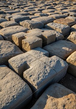 A close-up photograph showcases a vast expanse of weathered, rectangular stone pavers arranged in a grid pattern.