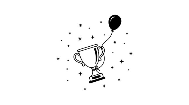 Minimalist black and white vector illustration featuring a trophy cup tied to a floating balloon surrounded by decorative sparkling star elements for a festive celebration concept