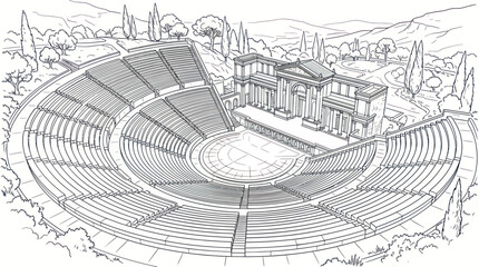 Obraz premium Ancient Greek Amphitheater Drawing, Outdoor Theater, Historical Architecture, Open-Air Venue