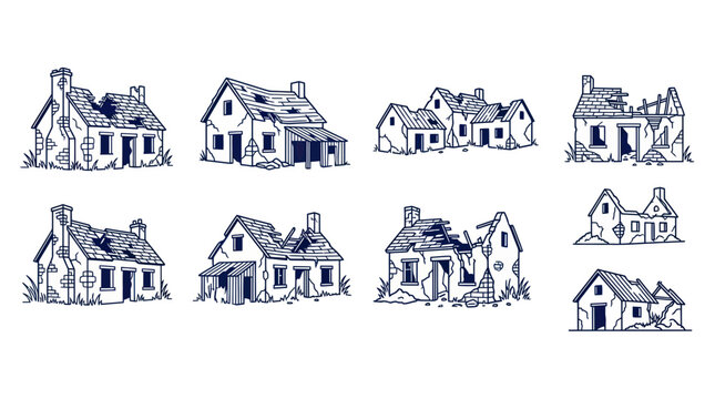 Set of Hand-Drawn Dilapidated Houses, Abandoned Buildings, Rural Decay Illustrations