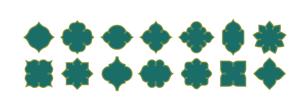 Ramadan Frame Shapes with Ornamental Borders. Islamic Arch Logo Design Element. Simple Retro Muslim Vector Labels with Arabian Patterns. Green Vintage Ramadhan Frames with Golden Elements.