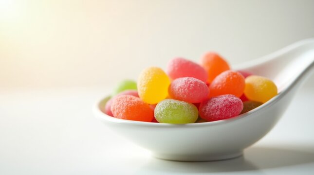 A close up of a white spoon filled with colorful fruit flavored candies.