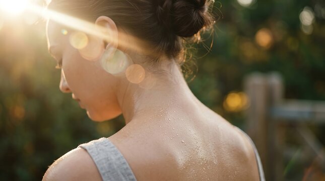 A serene woman stands in the golden glow of the setting sun.
