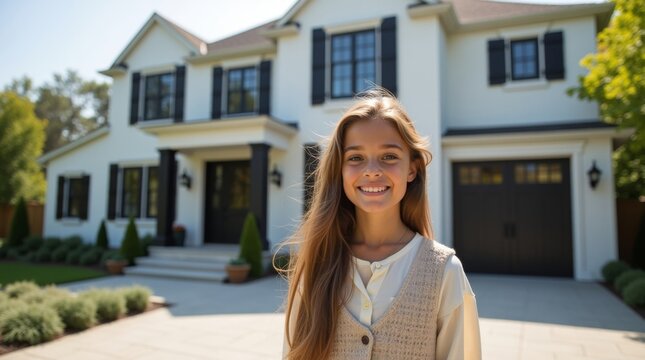 A smiling young girl standing in front of her beautiful new suburban family home.