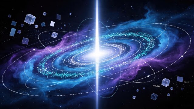 Quantum computing concept art, digital data cubes floating in cosmic galaxy space, abstract technology background with glowing particles and orbital lines