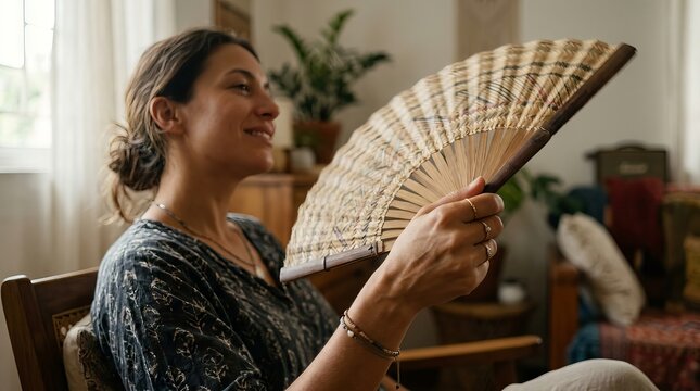 A woman cooling herself with a handheld bamboo fan in a sunlit living room.