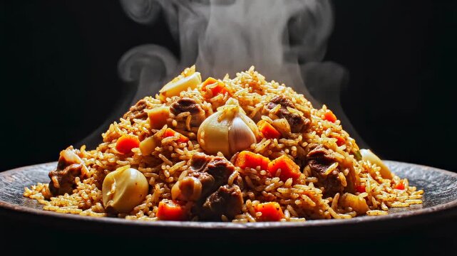 pilaf steaming on plate close-up showing rice mixed with meat carrots and garlic, hot traditional dish emphasizing aroma texture and rich flavor in authentic central asian cuisine presentation